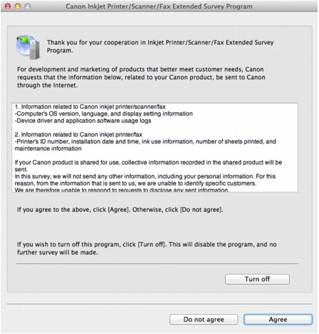Abbildung: Der "Bildschirm Extended Survey Program" zu Inkjet-Druckern/Scannern/Faxgeräten wird unter Macintosh angezeigt